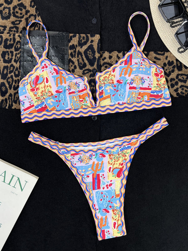 Women’s new split swimsuit small V-neck colorful edge ethnic print sexy bikini