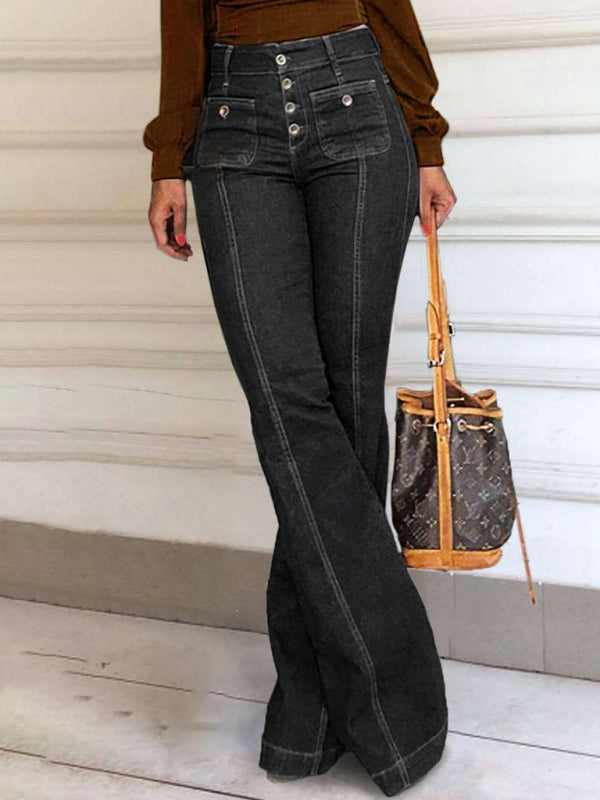 Women’s new stretch slim fit spliced high waist flared denim trousers