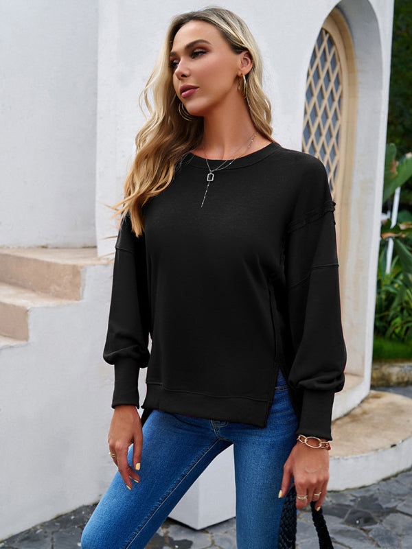 Women’s new style casual long-sleeved round neck solid color sweatshirt - Black / S