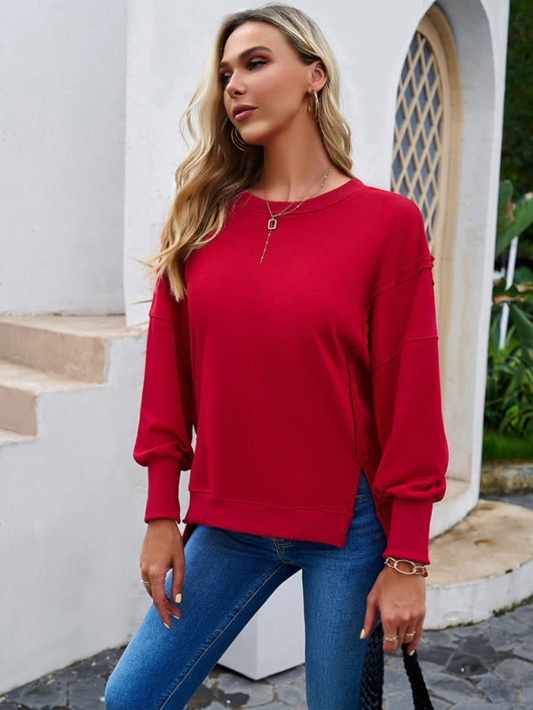 Women’s new style casual long-sleeved round neck solid color sweatshirt - Red / S