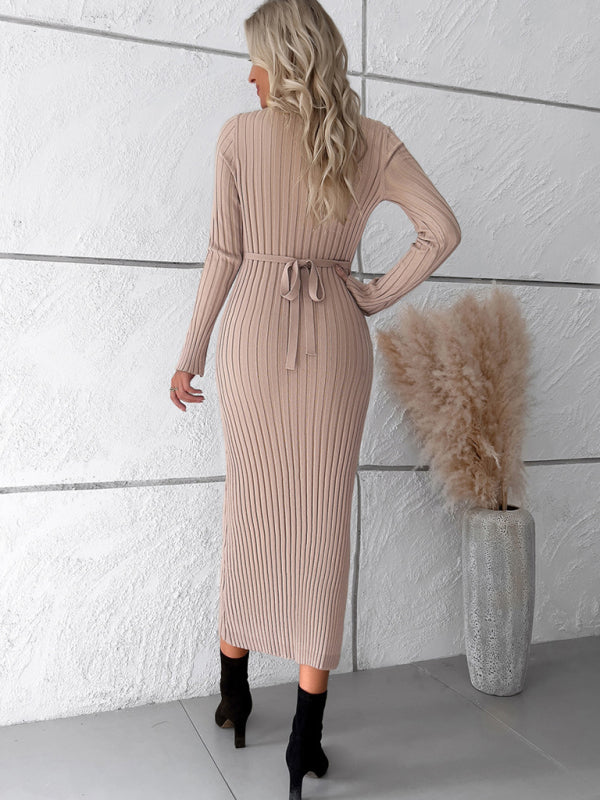 Women's new style elegant solid color v-neck long-sleeved sweater dress - Closther