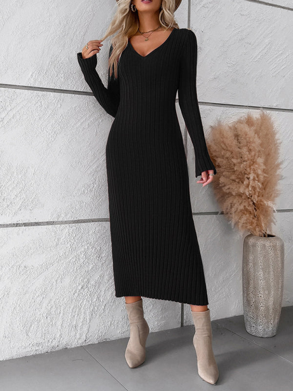 Women's new style elegant solid color v-neck long-sleeved sweater dress - Closther