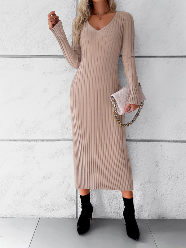 Women's new style elegant solid color v-neck long-sleeved sweater dress - Closther