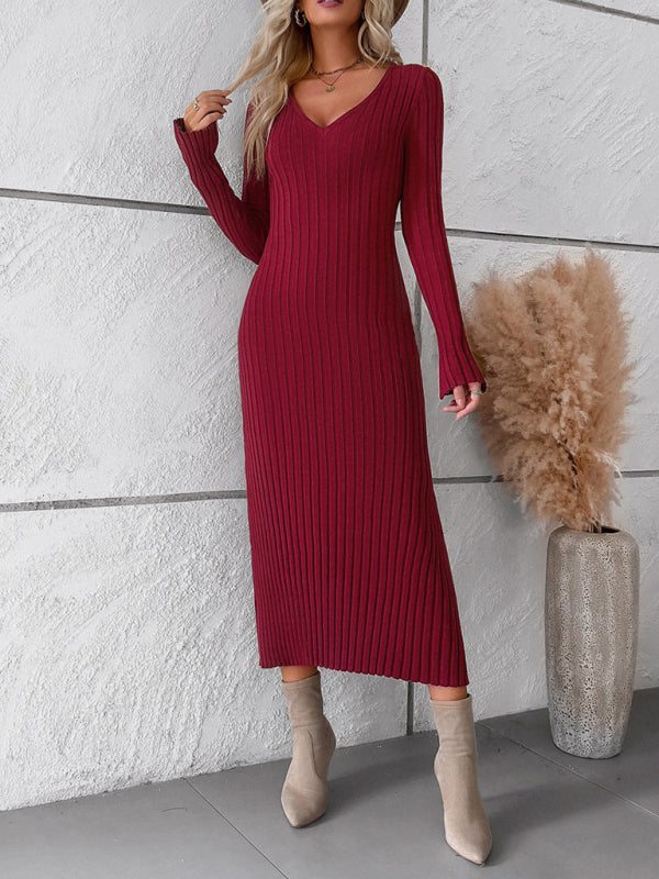 Women's new style elegant solid color v-neck long-sleeved sweater dress - Closther