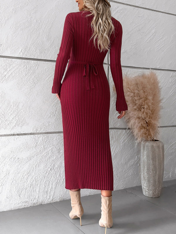 Women's new style elegant solid color v-neck long-sleeved sweater dress - Closther