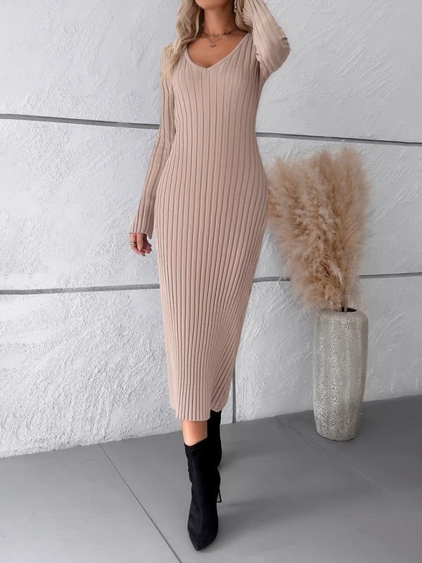 Women's new style elegant solid color v-neck long-sleeved sweater dress - Closther