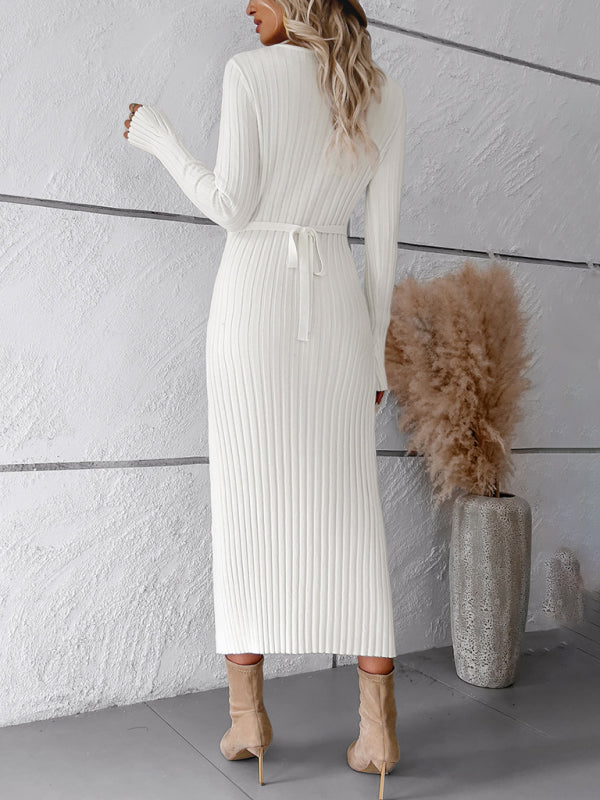 Women's new style elegant solid color v-neck long-sleeved sweater dress - Closther