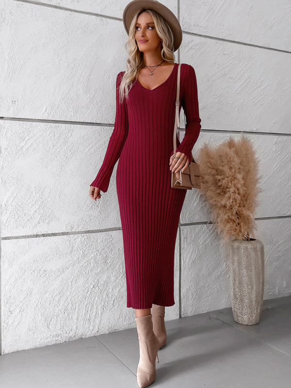 Women's new style elegant solid color v-neck long-sleeved sweater dress - Closther