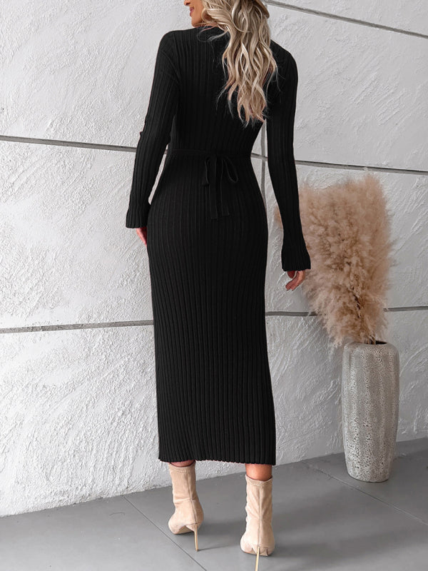 Women's new style elegant solid color v-neck long-sleeved sweater dress - Closther