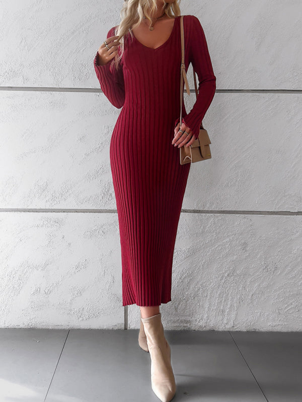 Women's new style elegant solid color v-neck long-sleeved sweater dress - Closther