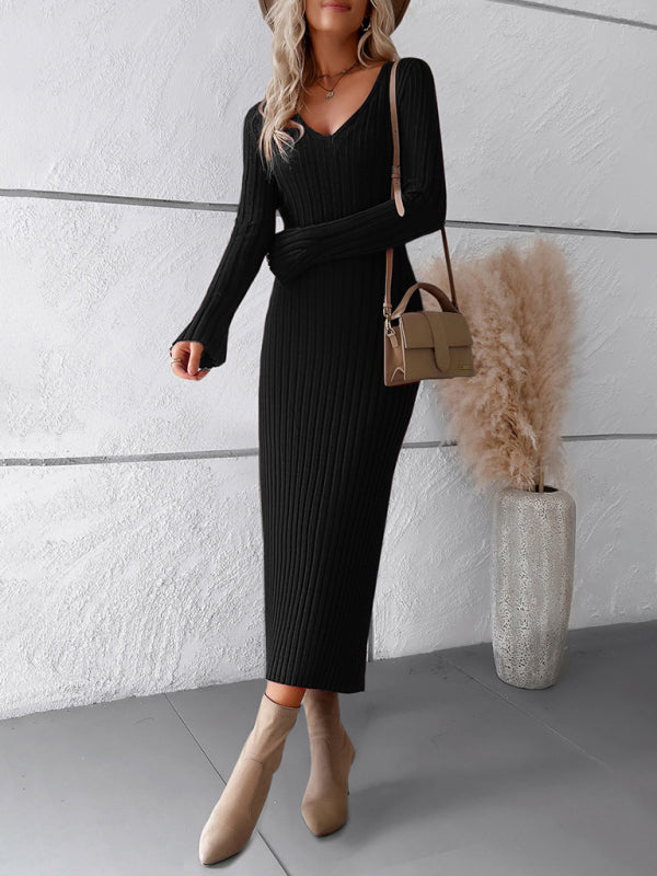 Women's new style elegant solid color v-neck long-sleeved sweater dress - Closther
