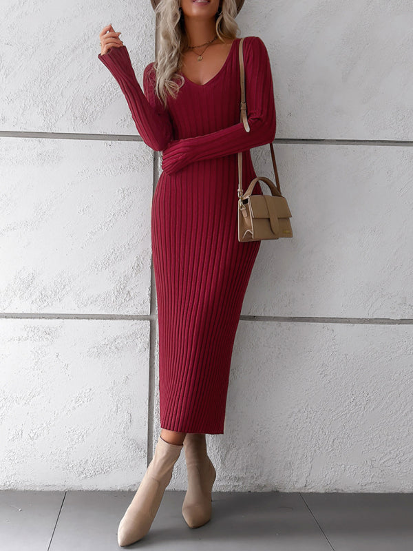 Women's new style elegant solid color v-neck long-sleeved sweater dress - Closther