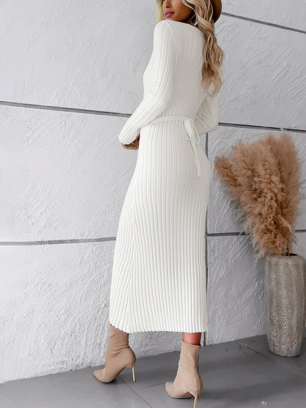 Women's new style elegant solid color v-neck long-sleeved sweater dress - Closther