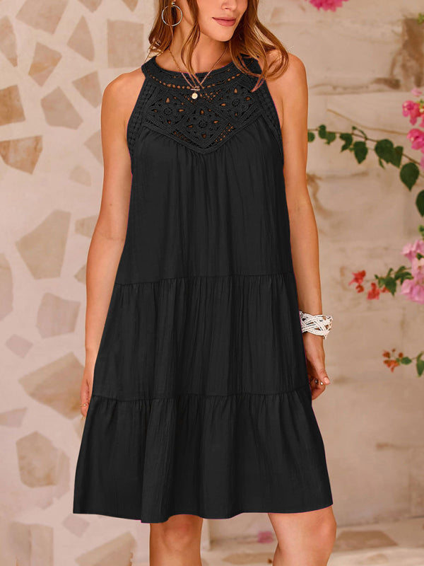 Women’s new style hollow lace stitching halter neck vest dress - Black / S