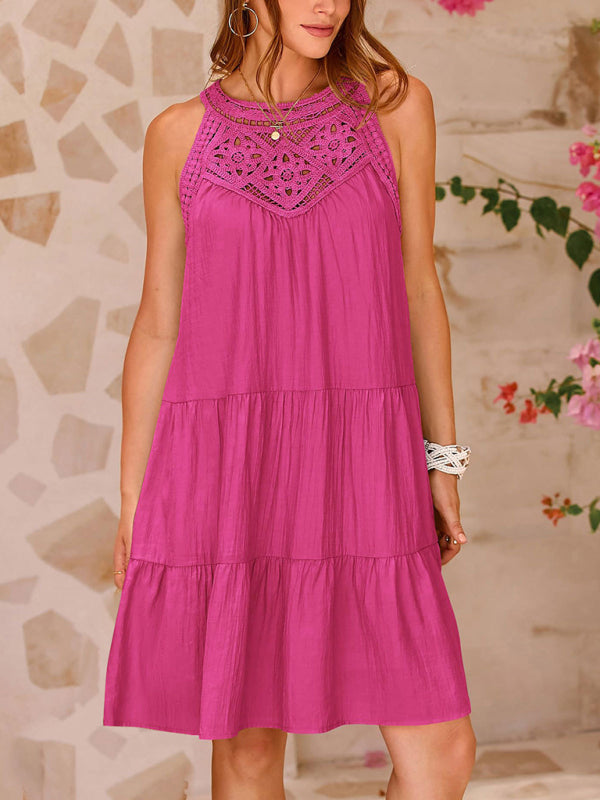 Women’s new style hollow lace stitching halter neck vest dress - Rose / S