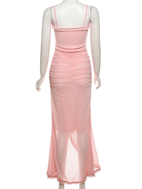 Women’s new style hollow solid color slit irregular suspender dress