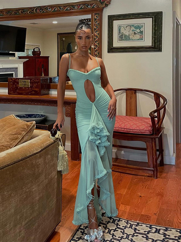 Women’s new style hollow solid color slit irregular suspender dress