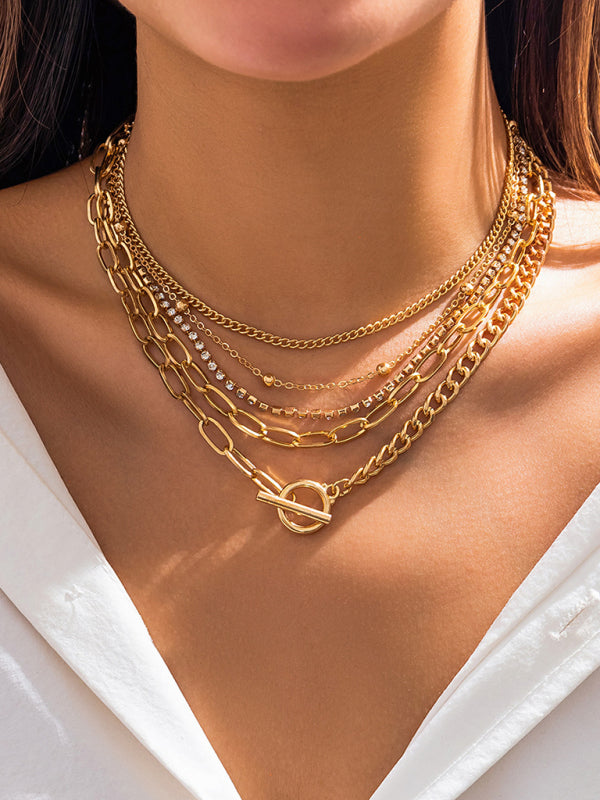 Women’s new style personalized simple geometric OT buckle round bead multi-layer bracelet necklace - Golden yellow
