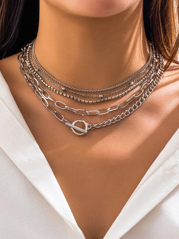 Women’s new style personalized simple geometric OT buckle round bead multi-layer bracelet necklace - Silver grey