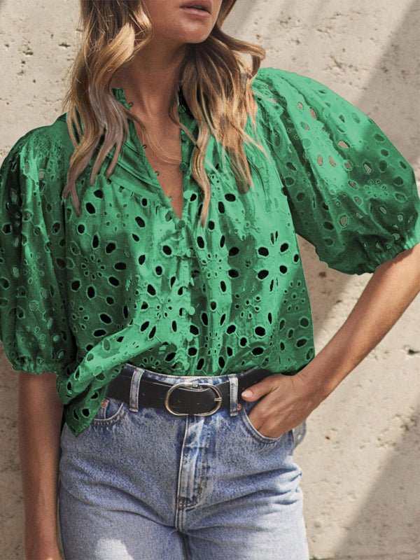 Women’s New Style Puff Sleeve Embroidered Shirt