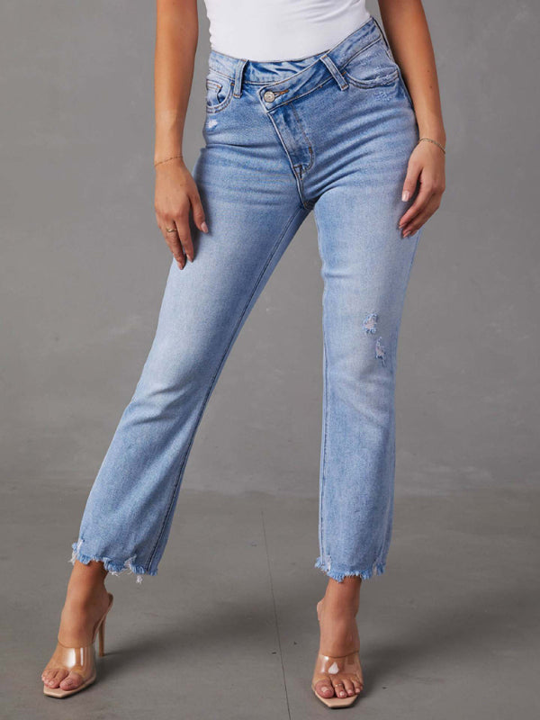 Women’s new style simple ripped light color casual jeans - Clear blue / S