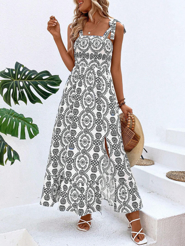Women’s new summer fashionable strap printed sleeveless slit long dress