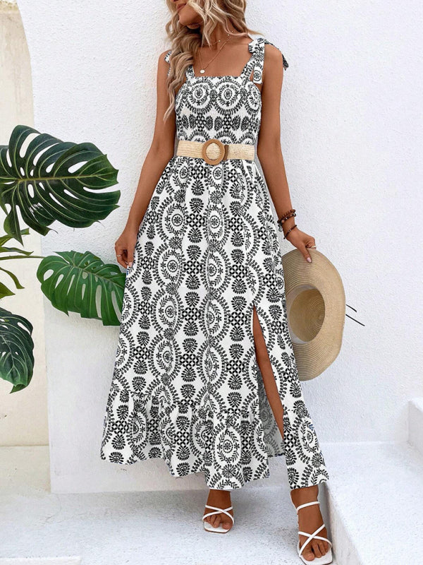 Women’s new summer fashionable strap printed sleeveless slit long dress