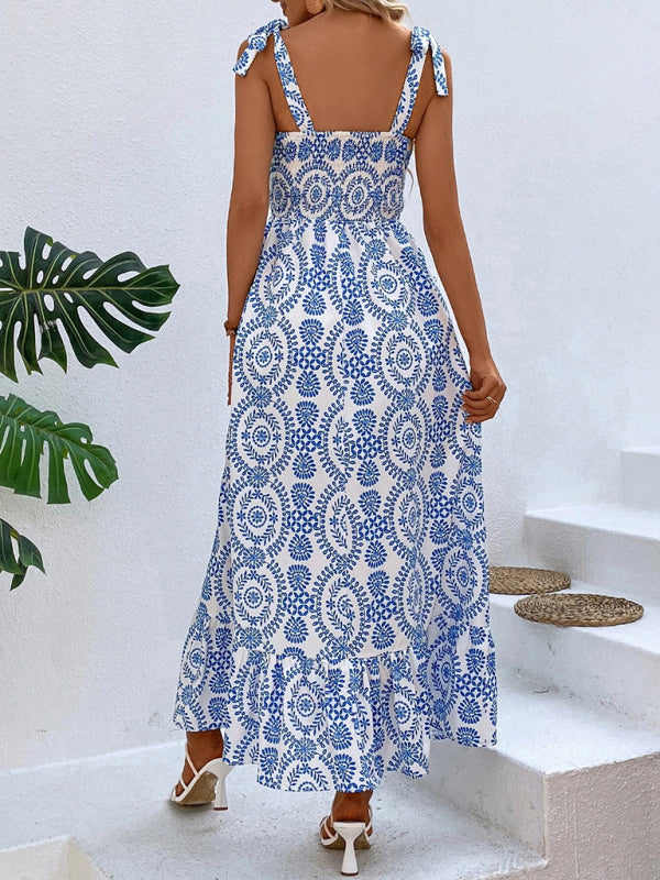 Women’s new summer fashionable strap printed sleeveless slit long dress