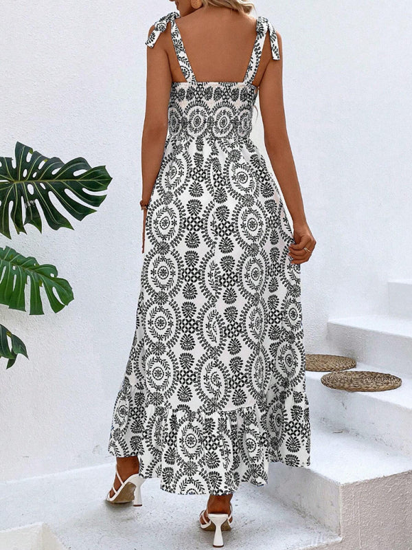 Women’s new summer fashionable strap printed sleeveless slit long dress