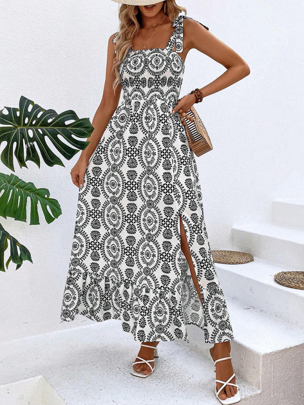Women’s new summer fashionable strap printed sleeveless slit long dress - Black / S