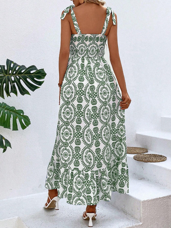 Women’s new summer fashionable strap printed sleeveless slit long dress