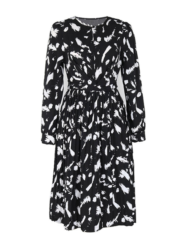Women’s new temperament printed black long-sleeved dress