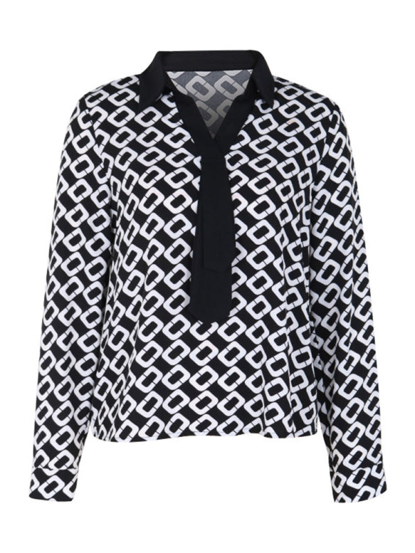 Women’s new V-lapel printed long-sleeved shirt