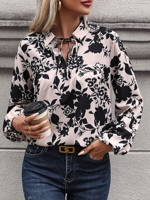 Women’s new V-neck lace-up printed shirt