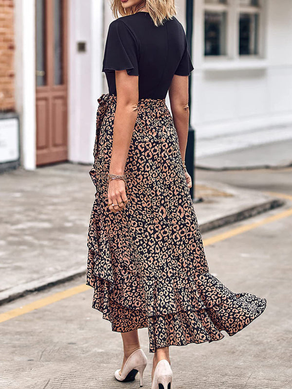 Women’s new V-neck splicing hem irregular slit short-sleeved printed dress
