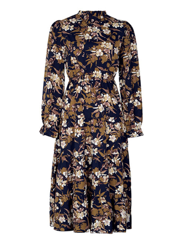 Women’s new V-neck waist long-sleeved printed dress