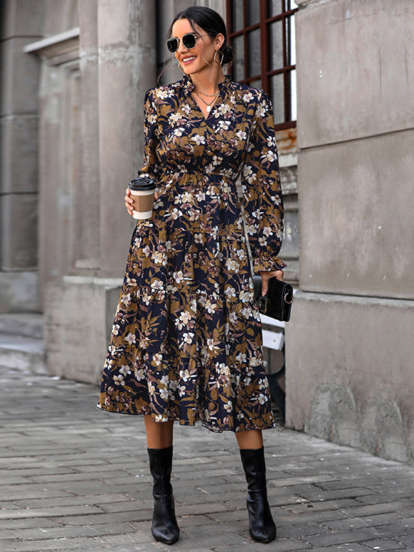 Women’s new V-neck waist long-sleeved printed dress