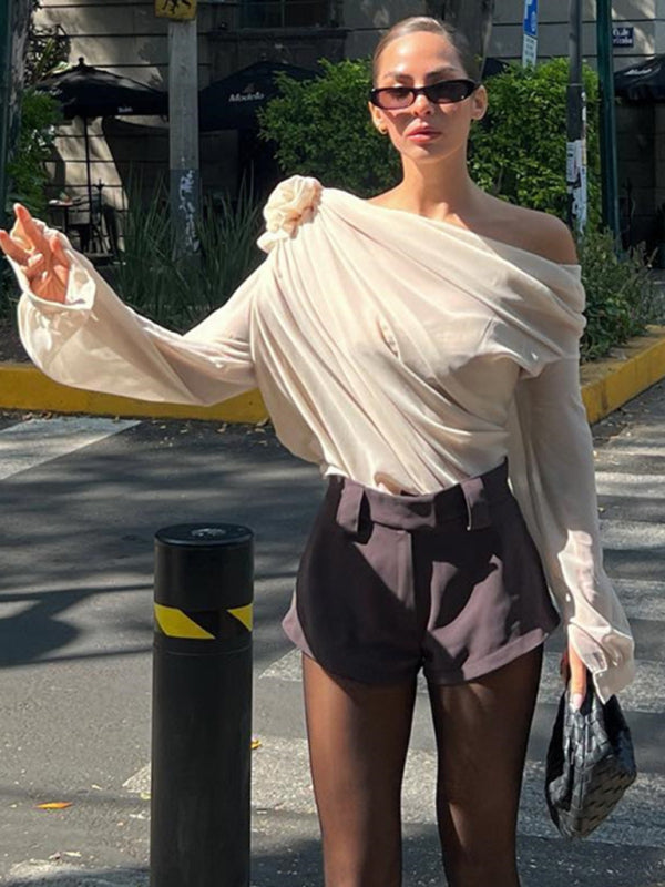 Women’s off-shoulder chiffon floral loose top blouse - Cracker khaki / S