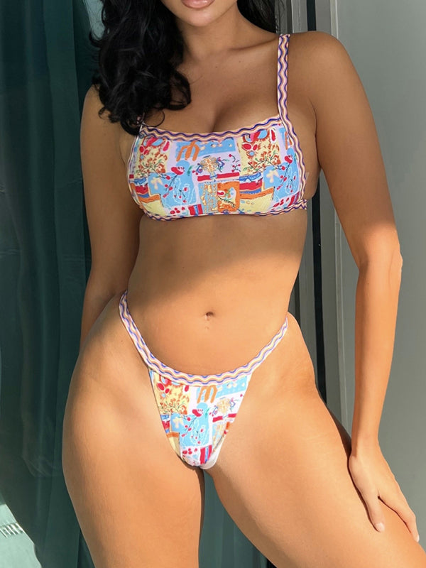 Women’s one-piece swimsuit bandeau style colorful ethnic print sexy bikini - Blue / S