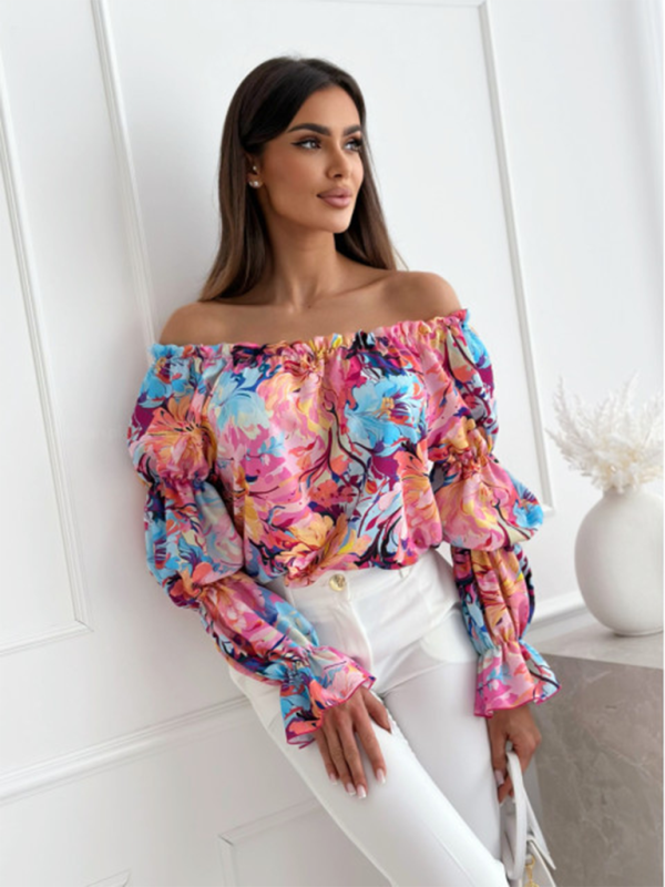 Women’s one-shoulder printed lantern sleeve shirt top