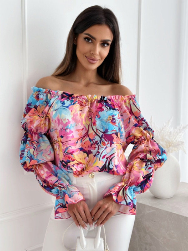 Women’s one-shoulder printed lantern sleeve shirt top - Pattern / S