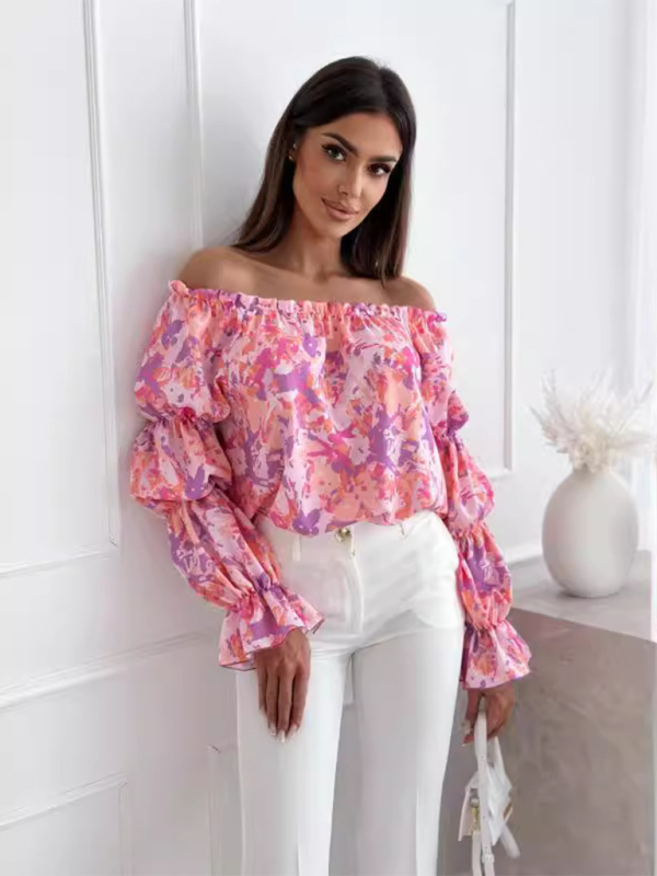 Women’s one-shoulder printed lantern sleeve shirt top - Pink / S