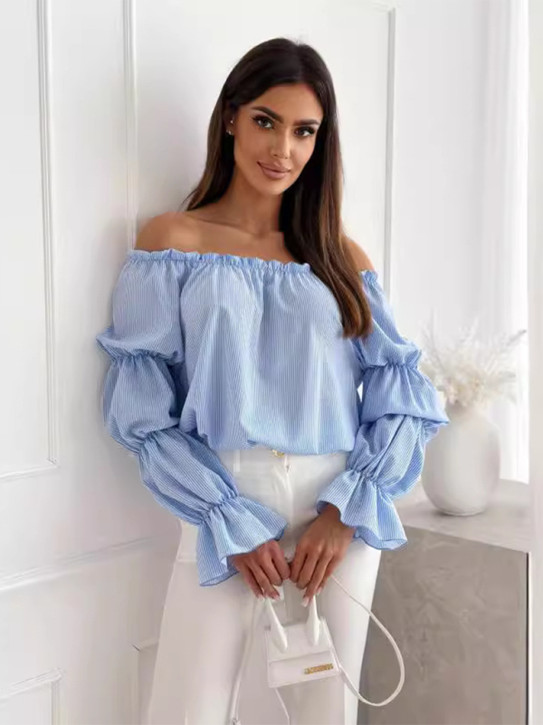 Women’s one-shoulder printed lantern sleeve shirt top - Sky blue azure / S