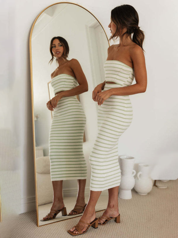 Women’s one-shoulder sexy tube top striped knitted slim fit hip-hugging dress