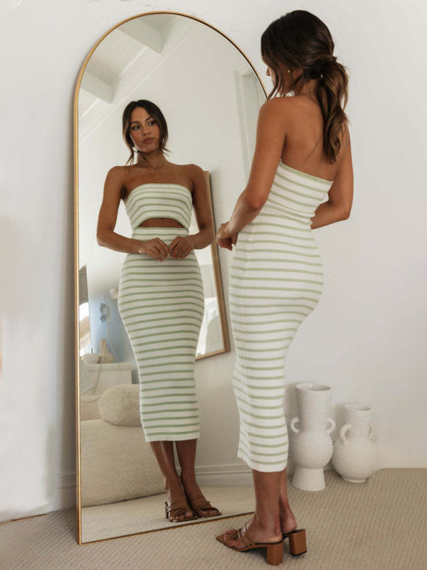 Women’s one-shoulder sexy tube top striped knitted slim fit hip-hugging dress