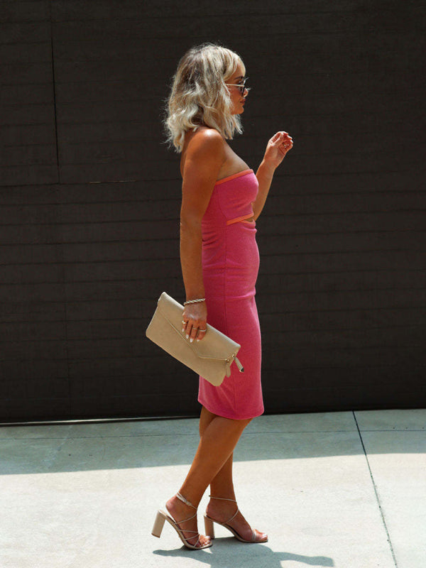 Women’s one-shoulder sexy tube top striped knitted slim fit hip-hugging dress