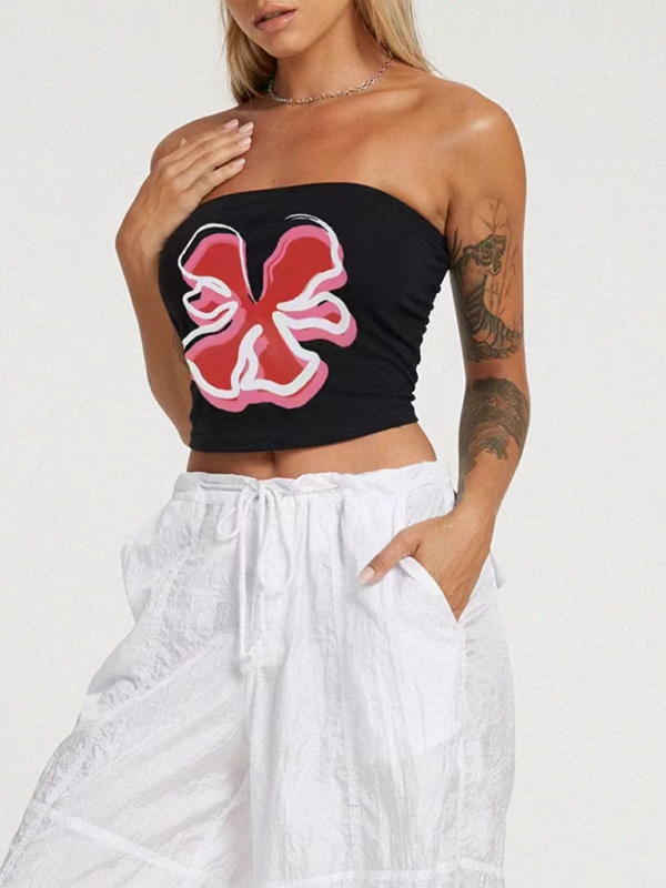 Women’s personality street flower print sexy belly-baring top