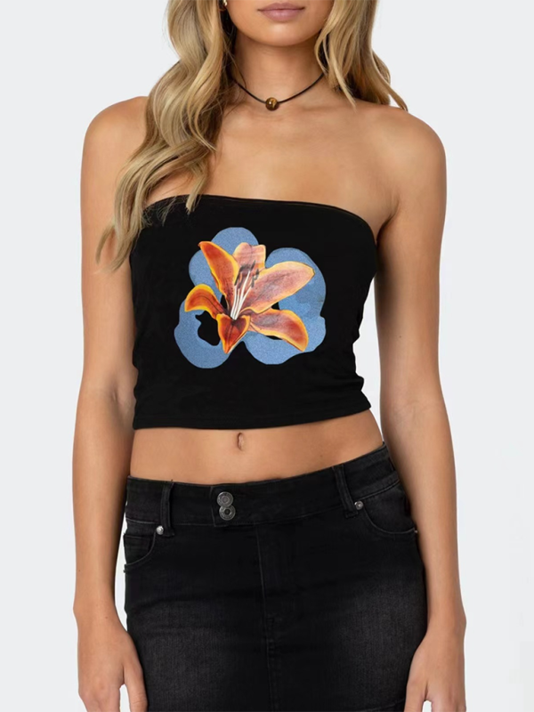 Women’s personality street flower print sexy belly-baring top