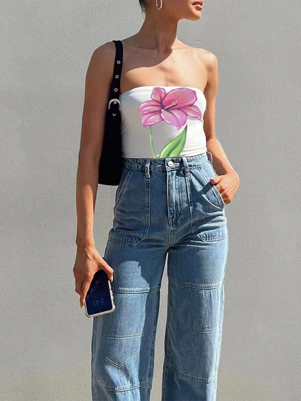 Women’s personality street flower print sexy belly-baring top
