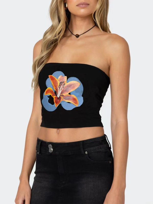 Women’s personality street flower print sexy belly-baring top
